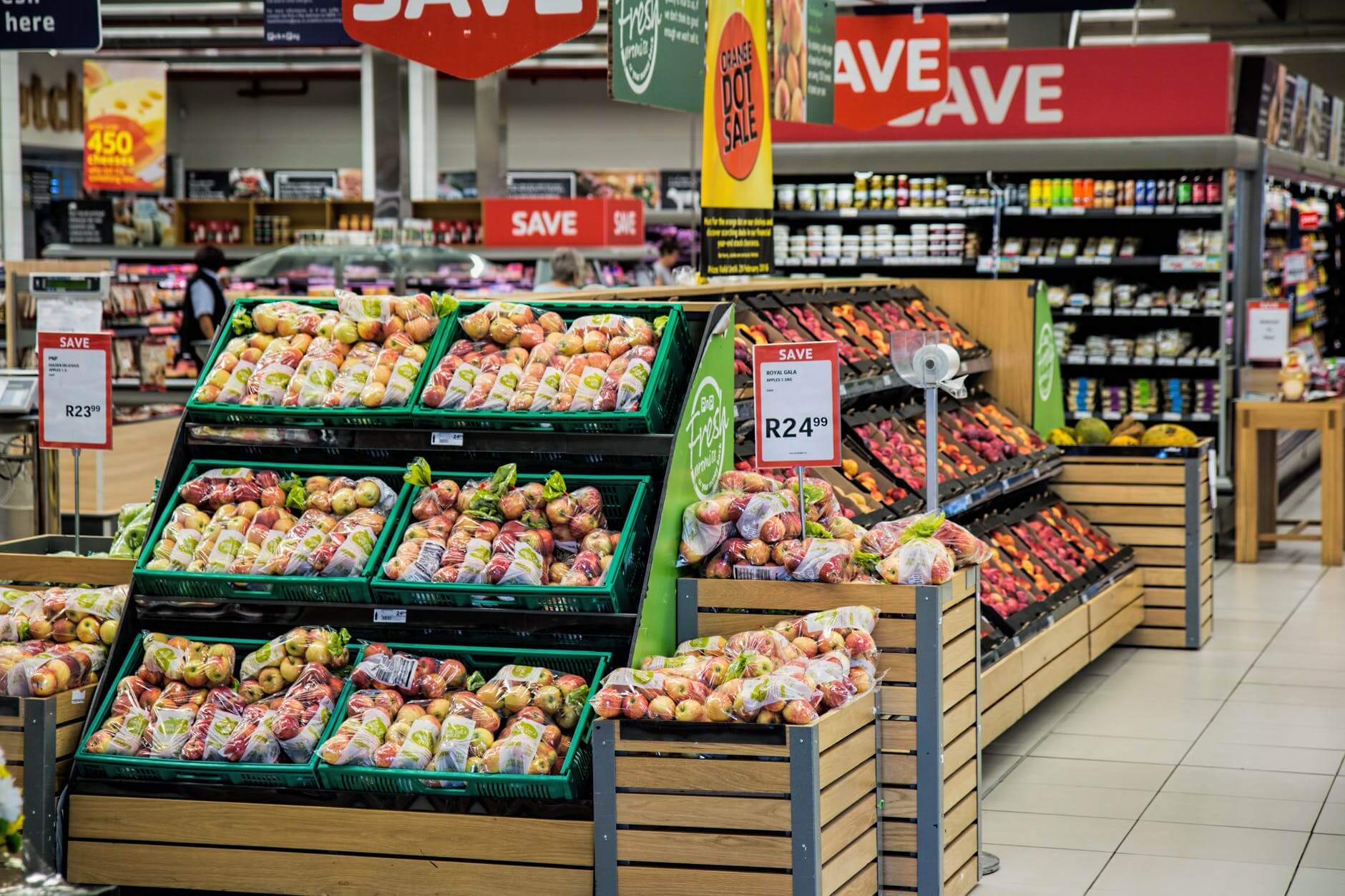 grocery shelves in a supermarket