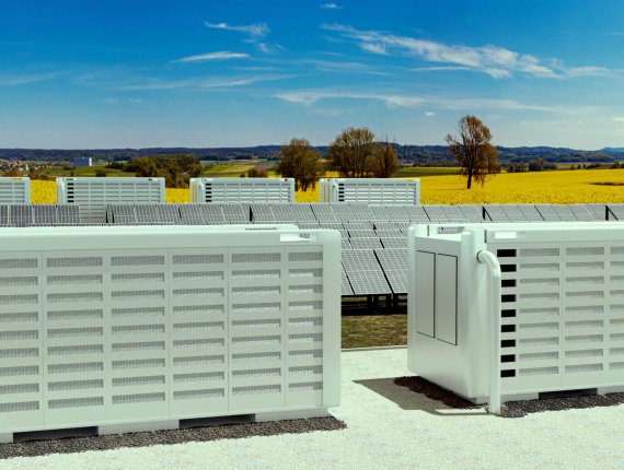 A modern solarfield with battery storage in the wild nature, 3D illustration